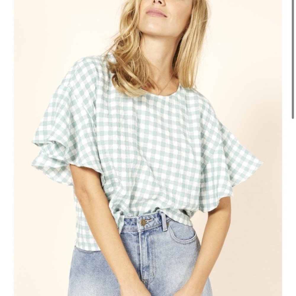 MINKPINK Checkered Ruffle Sleeve Blouse